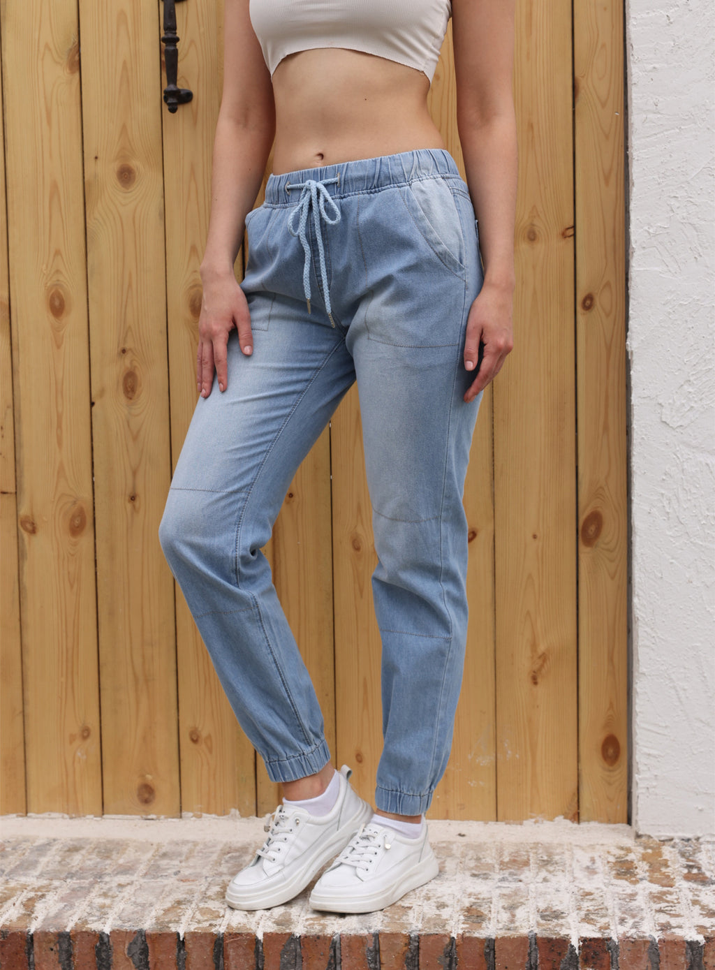 Casual Jeans Light Blue Elastic Waist String Trousers