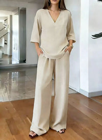 Women's V-neck Short-Sleeve Top And Wide-Leg Pants Casual Set