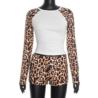 Crew-neck Pullover Leopard-print High-waist Hip-hugging Three-quarter Pants Set