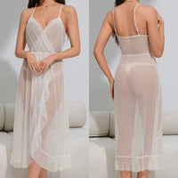 Womens Sexy Mesh Sleepwear Lace V-Neck Long Camisole Nightgown