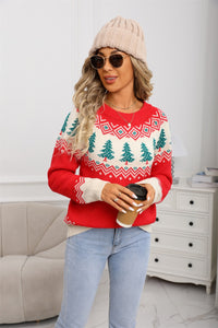 Casual Loose Jacquard Women's Christmas Tree Pullover Knitted Sweater