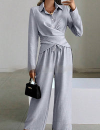 Women's Elegant Shirt Top And Wide-Leg Pants Two-Piece Set