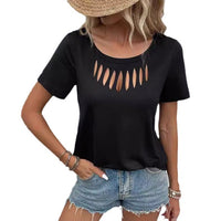 Solid-color Casual Chic Front-cutout Loose-fit Short-sleeve T-shirt