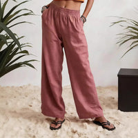 Womens Wide-leg Pants Comfortable Cotton-linen Blend Solid Color Fashionabl