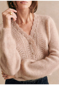 Haze Blue Mohair Cardigan Crocheted V-neck Puff Sleeve Sweater