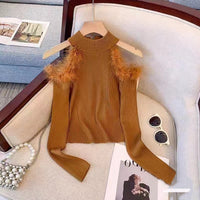 Women's Half-turtleneck Stitching Hollow Out Shoulder-baring Knitwear Top