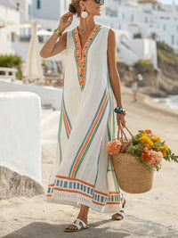 V-neck Three-quarter-length Sleeves Long Caftan Dress With Patch Pockets