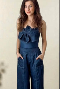 Slim-fit Women's Off-shoulder Blue Denim Flower Jumpsuit