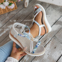 Rhinestone Ornament Wedge Stylish Beach Women's Elastic Strap Sandals