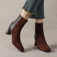 Womens Korean-style Square-toe Leather Chunky-heel Patchwork Ankle Boots