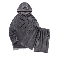 Plus Size Hooded Men's Sweatshirt Coral Fleece Jacket Shorts Set