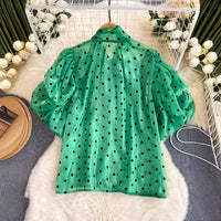 French Style Retro Dots Shirt Female Sweet Bow Collar