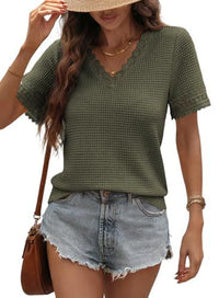 Womens V-neck Casual Waffle-knit Lace-panel Short-sleeve Top