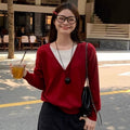 Christmas Atmosphere Contrast Colors False-two-piece V-neck Red Knitted Loose Sweater