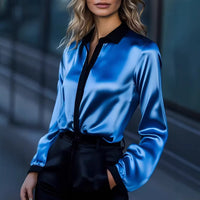 Womens Casual Loose Satin Color-Block Long-Sleeve Shirt