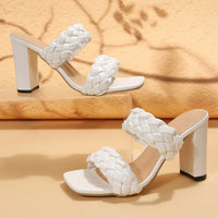 Square Toe Flip-flops Chunky Heel Woven Twisted Slippers