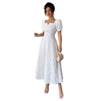 Elegant Jacquard Solid Color Puff Sleeve Square Neck Dress For Women