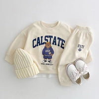 Children's Spring And Autumn Sports Cartoon Bear Letter Floral Print Long Sleeve Pullover Two-piece Pants