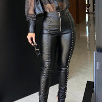 Women's Black Zippered Rivet Leather Pants