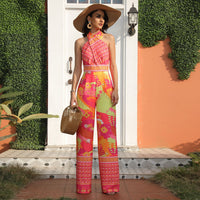 Red Jumpsuit Trousers High Waist Backless Vacation Style Beach Pants