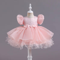 Sequined Puff Sleeve Lace Mesh Bubble Skirt Dance Performance Dress