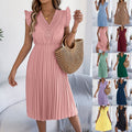 Casual Lace V-neck Ruffled-waist Pleated Dress