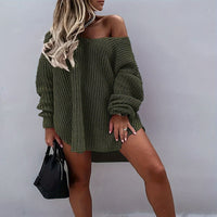 Mid-length Off-shoulder Solid-color V-neck Loose Sweater