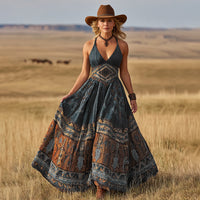 Fashionable Womens Sexy V-Neck Printed Bohemian Dress