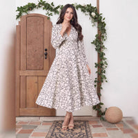 Elegant Printed V-Neck Long-Sleeve Womens Dress