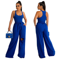 U-collar Jumpsuit Ripped Wide-leg Pants Suit