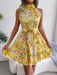 Women   Elegant Tie Waist Ruffle Hem Flowy Floral Print Dress