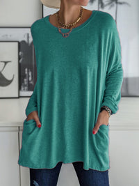Spring And Summer New Round Neck Long Sleeve Loose Pockets Solid Color
