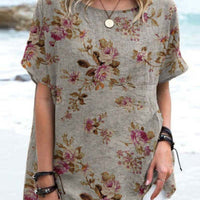Summer Womens Printed Loose Casual Plus-Size Round-Neck T-Shirt Top