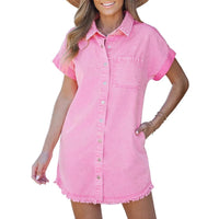 Womens Short-Sleeve Denim Shirt Dress Denim Button-Up Casual Style