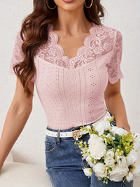 New Fan-shaped Front And Back V-neck Lace Stitching Slim Fit Slimming T-shirt Short Sleeve