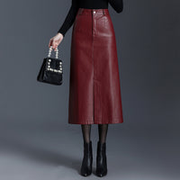 PU Leather Black Mid-length Skirt Womens Autumnwinter Style