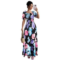 Puff-sleeve High-waist Cinched-waist Printed Maxi Slip Dress For Women
