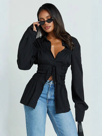 Womens Stylish Elegant Lapel Blouse With Pleated Details And Long Sleeves