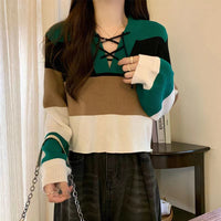 V-collar Contrast Color Short Long-sleeved Sweater Women's Striped Binding Rope Slimming Slim Fit Petite Top