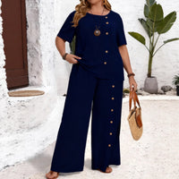 Solid-color Button-up Casual Loose-fit Set