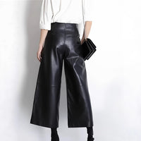 Solid-color Leather-patchwork Wide-leg Pants