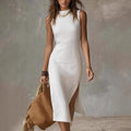 Sleeveless Solid-Color Tank Top High-Slit Elegant Midi Knitted Dress