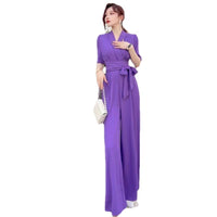 Elegant Temperament Pure Color High Waist Slimming Lace-up Wide Leg Jumpsuit