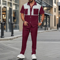 Color-block Short-sleeve Shirt And Pants Two-piece Set