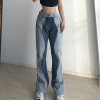 American Color Blocking Leg Length Straight Casual Jeans