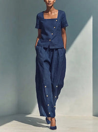 Womens Loose Short-Sleeve Top And High-Waist Pants Two-Piece Set