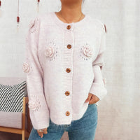 Three-dimensional Flower Cutout Knitted Coat Round Neck Cute Sweater