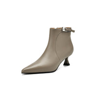 Womens Stylish Leather Pointed-Toe High-Heel Ankle Boots With Buckle Strap And Side Zipper