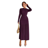Elegant Lace Ruffle Crew-Neck Solid Color Dress