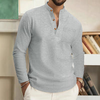 Waffle-pattern Solid-color Stand-up Collar With Long Placket And Buttons Long Sleeves